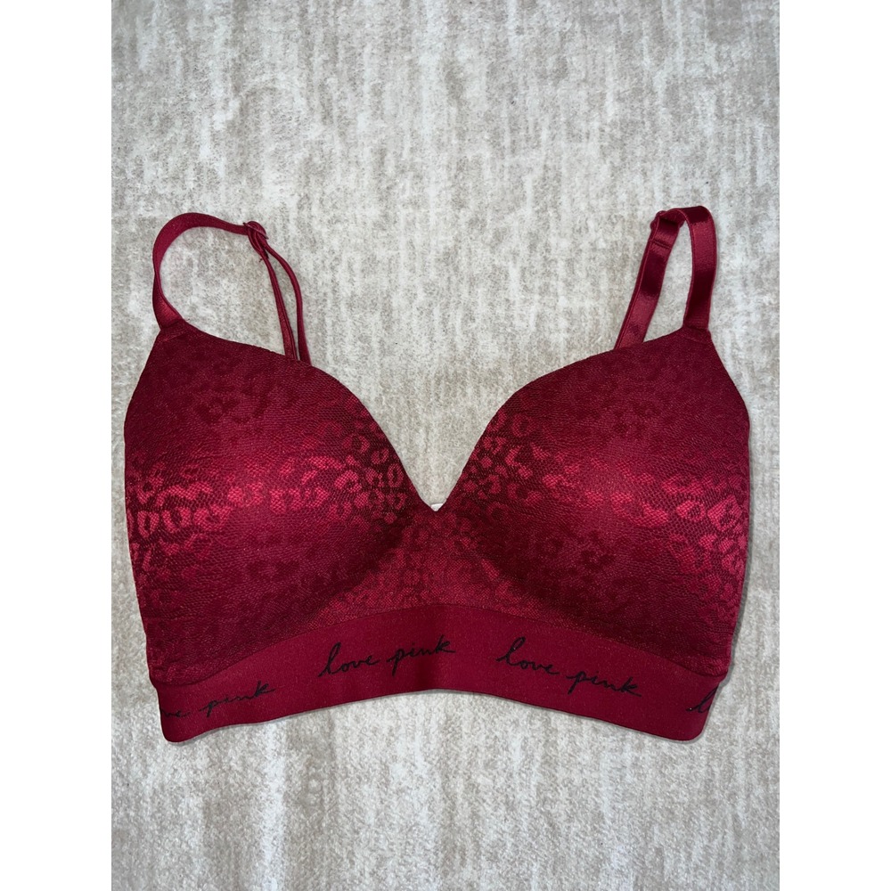 PINK Victoria's Secret Wireless Bra Leopard Lace Burgundy 32DD Padded Logo Band